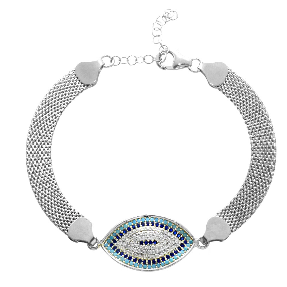 Hasır Zincirli Turkuaz Lacivert Zirkon Taşlı 925 Ayar Gümüş Kadın Bileklik - 5