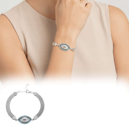 Hasır Zincirli Turkuaz Lacivert Zirkon Taşlı 925 Ayar Gümüş Kadın Bileklik - Tesbihane