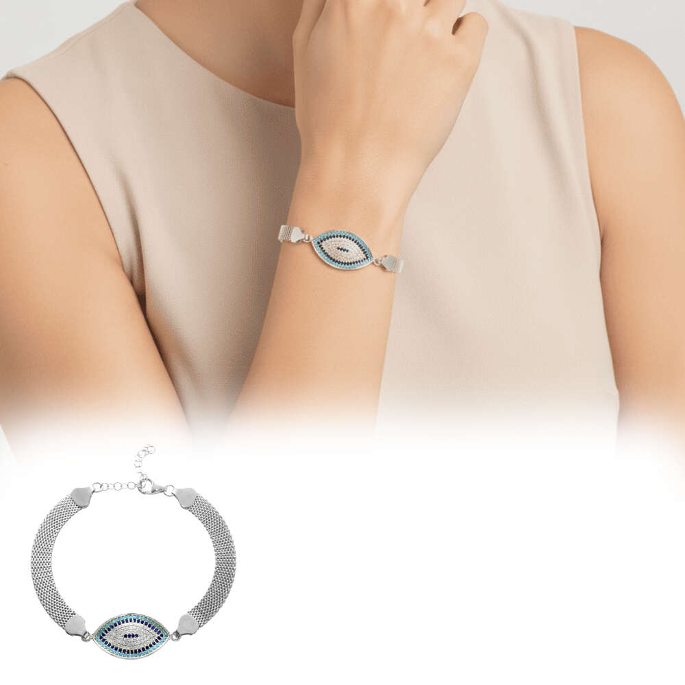 Hasır Zincirli Turkuaz Lacivert Zirkon Taşlı 925 Ayar Gümüş Kadın Bileklik - 1