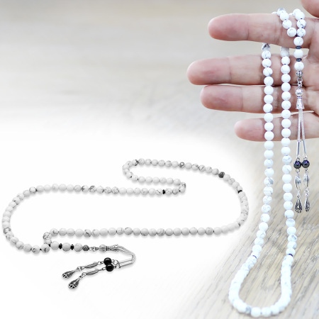 Havlit Doğaltaş Namaz Tesbihi - Kararmaz Metal Damla Püsküllü - Beyaz Renk - Küre Kesim - Tesbihane