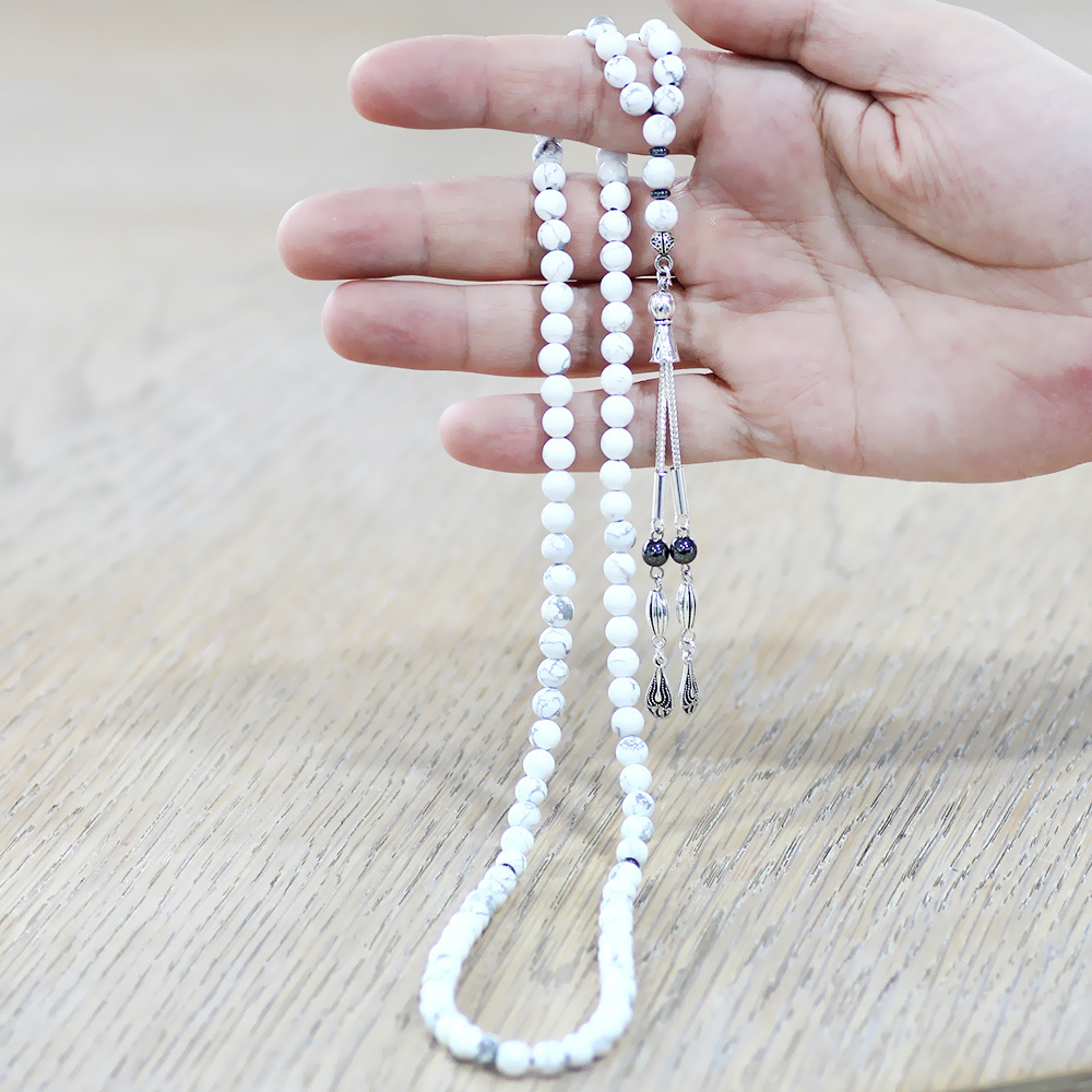 Havlit Doğaltaş Namaz Tesbihi - Kararmaz Metal Damla Püsküllü - Beyaz Renk - Küre Kesim - 2