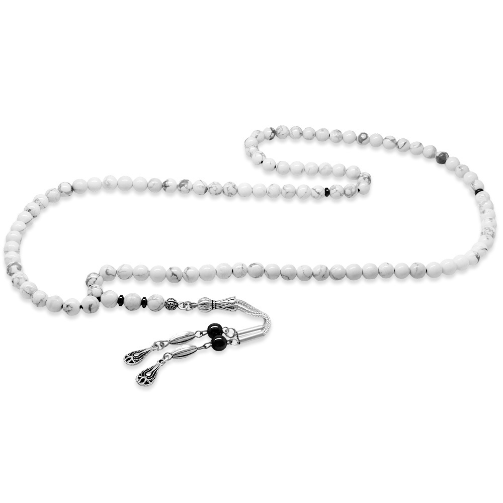 Havlit Doğaltaş Namaz Tesbihi - Kararmaz Metal Damla Püsküllü - Beyaz Renk - Küre Kesim - 4