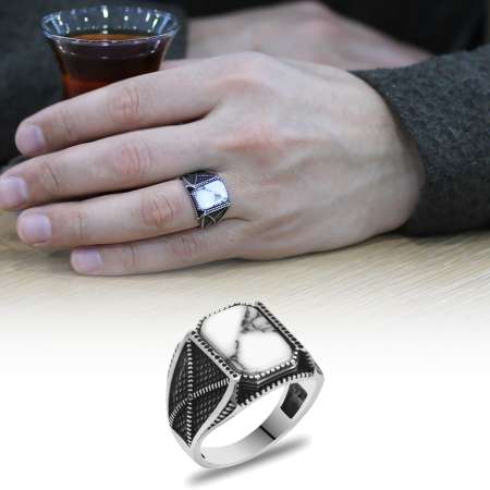 Havlit Taşlı Kenarları Oksitli 925 Ayar Gümüş Erkek Yüzük - STOKYOK