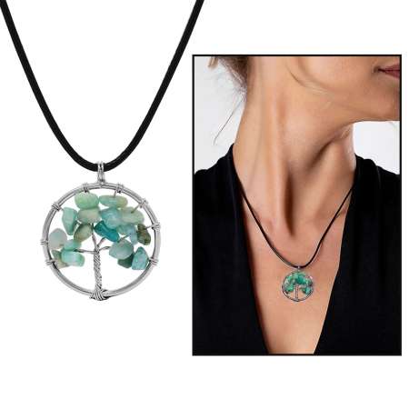 Hayat Ağacı Tasarım Zarif İp Zincirli Amazonit Doğaltaş Kadın Kolye - Tesbihane