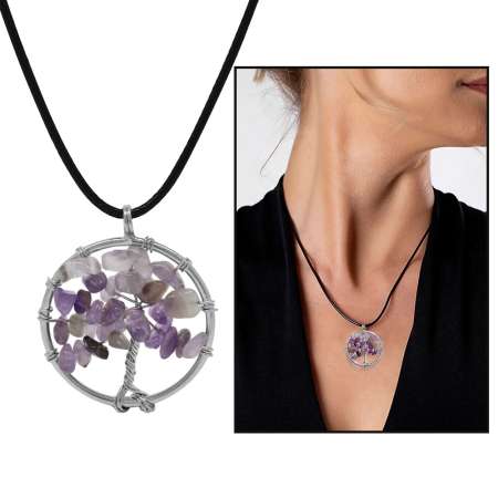 Hayat Ağacı Tasarım Zarif İp Zincirli Ametist Doğaltaş Kadın Kolye - Tesbihane