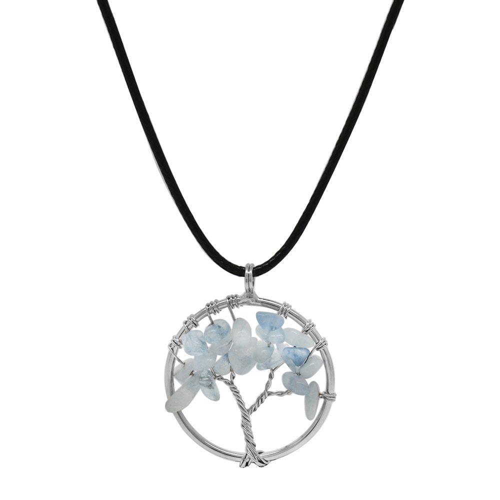 Hayat Ağacı Tasarım Zarif İp Zincirli Akuamarin Doğaltaş Kadın Kolye - 3