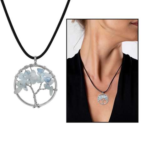 Hayat Ağacı Tasarım Zarif İp Zincirli Akuamarin Doğaltaş Kadın Kolye - Tesbihane