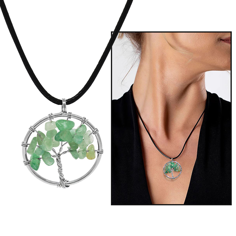 Hayat Ağacı Tasarım Zarif İp Zincirli Aventurin Doğaltaş Kadın Kolye - 1