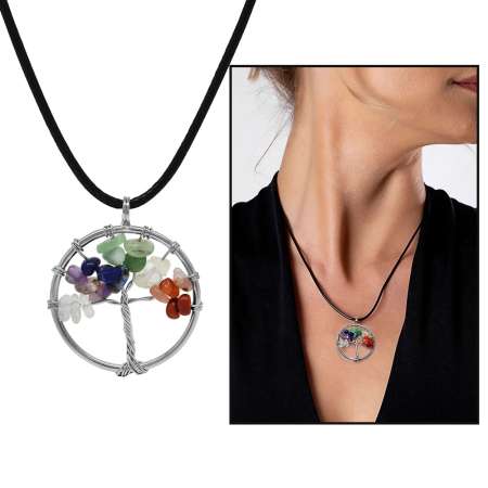 Hayat Ağacı Tasarım Zarif İp Zincirli Çoklu Doğaltaş Kadın Kolye - Tesbihane