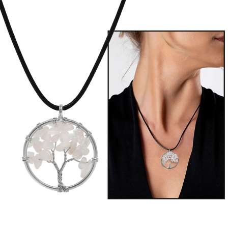 Hayat Ağacı Tasarım Zarif İp Zincirli Kuvars Doğaltaş Kadın Kolye - Tesbihane