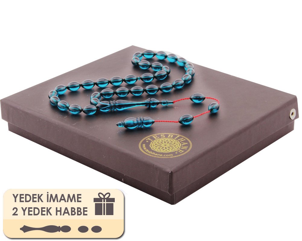 Yedek İmame ve Habbeli Usta İşi Arpa Kesim Mavi Sıkma Kehribar Tesbih - 1