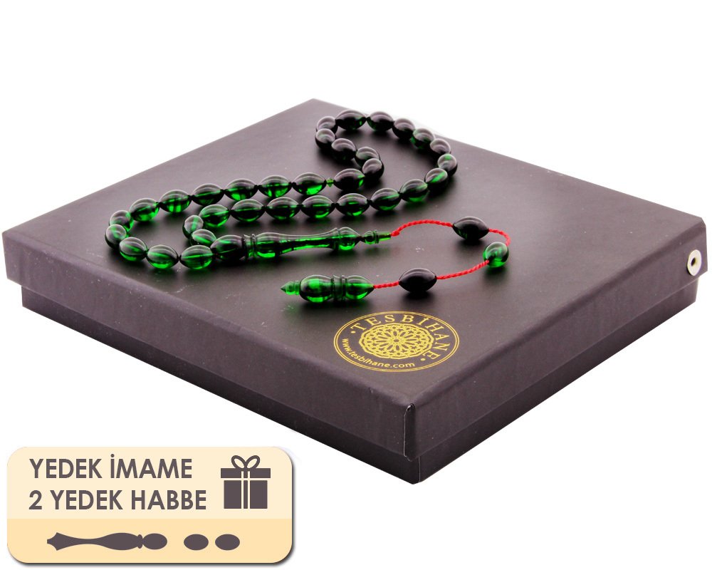 Yedek İmame ve Habbeli Usta İşi Arpa Kesim Yeşil Sıkma Kehribar Tesbih - 1