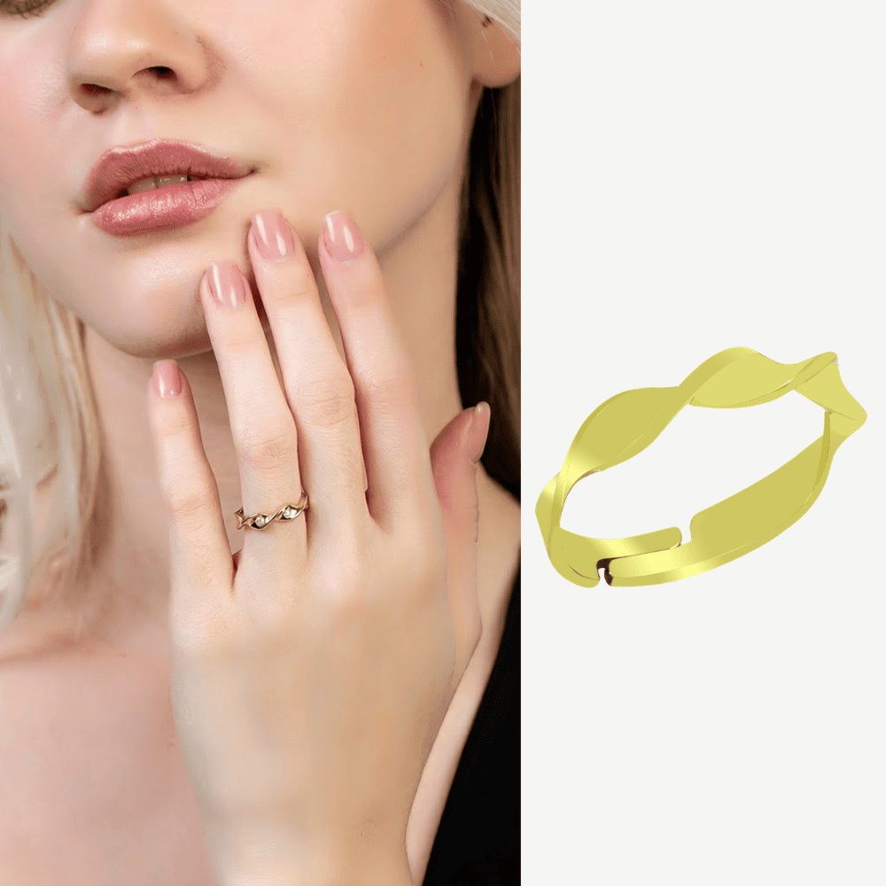 Helezon Tasarım Altın Renk Ayarlanabilir Ölçü 925 Ayar Gümüş Kadın Yüzük - 1