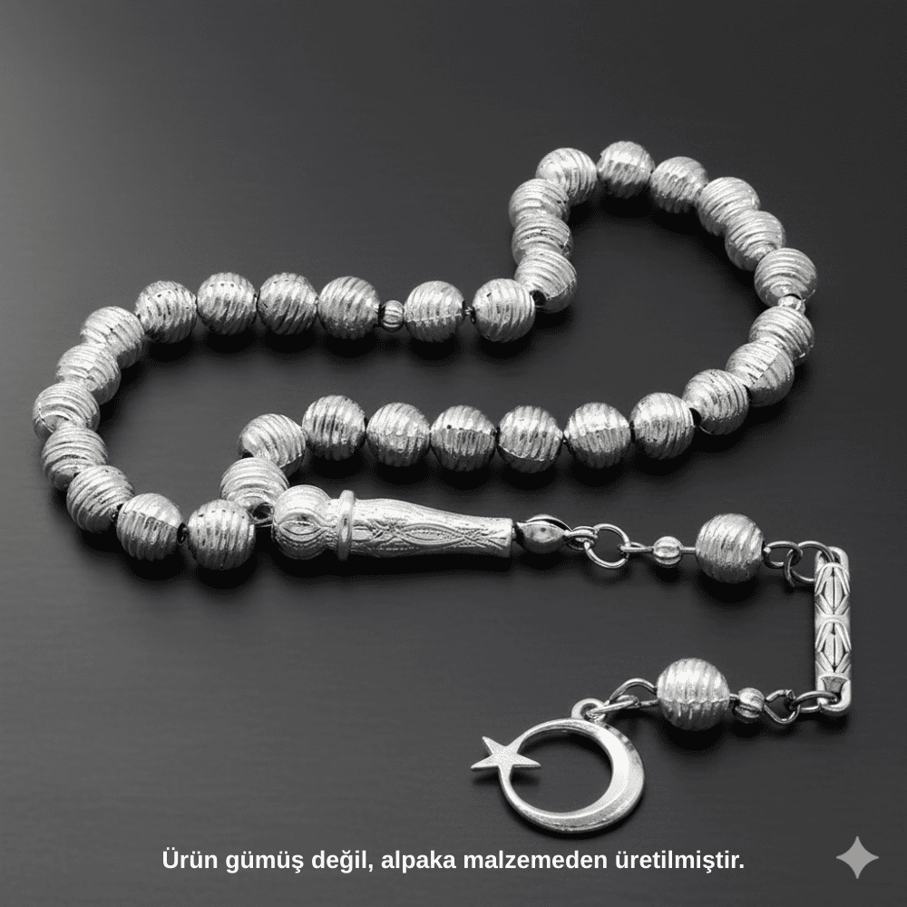 Helezon Tasarım Kalem İşçilikli Ayyıldız Püsküllü Küre Kesim Gümüş Renk Alpaka Tesbih - 1