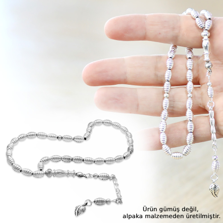 Helezon Tasarım Kalem İşçilikli Arpa Kesim Gümüş Renk Alpaka Tesbih - Tesbihane