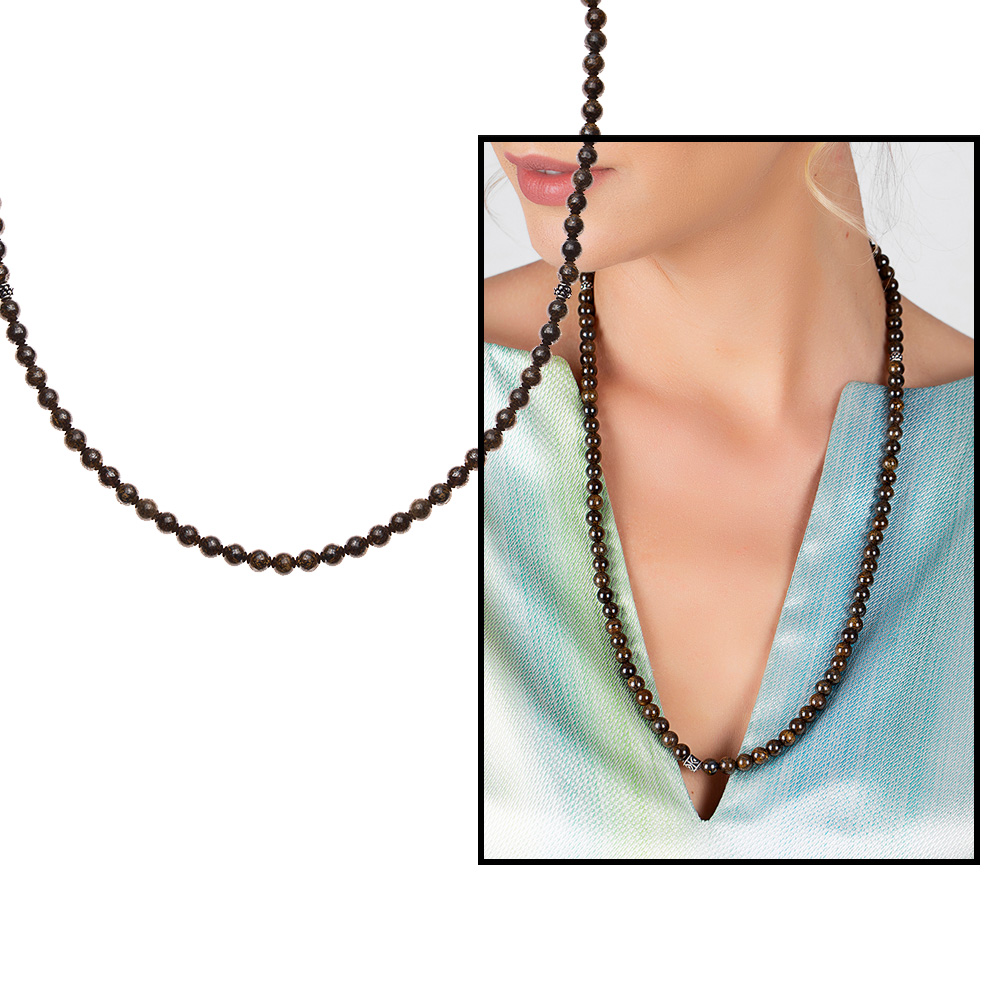 Bileklik Kolye Tesbih 3 ü 1 Arada 99 Taneli Çok Amaçlı Bronzit Doğaltaş Aksesuar - 4