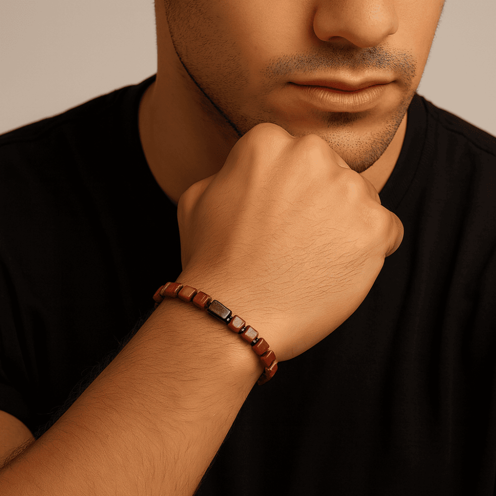 Hematit Doğaltaş Kombinli Küp Kesim Bal Rengi Doğal Damla Kehribar Erkek Bileklik - 3