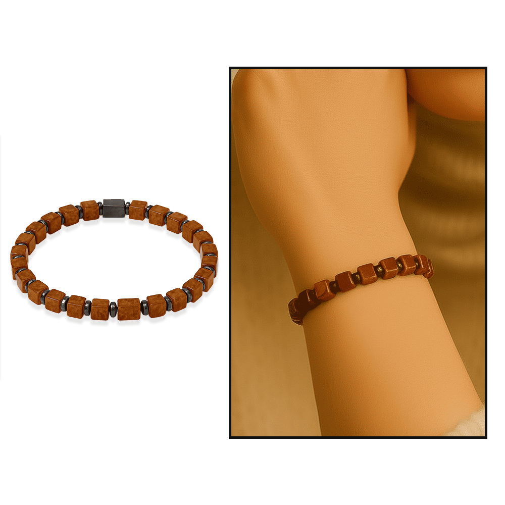 Hematit Doğaltaş Kombinli Küp Kesim Bal Rengi Doğal Damla Kehribar Kadın Bileklik - 1