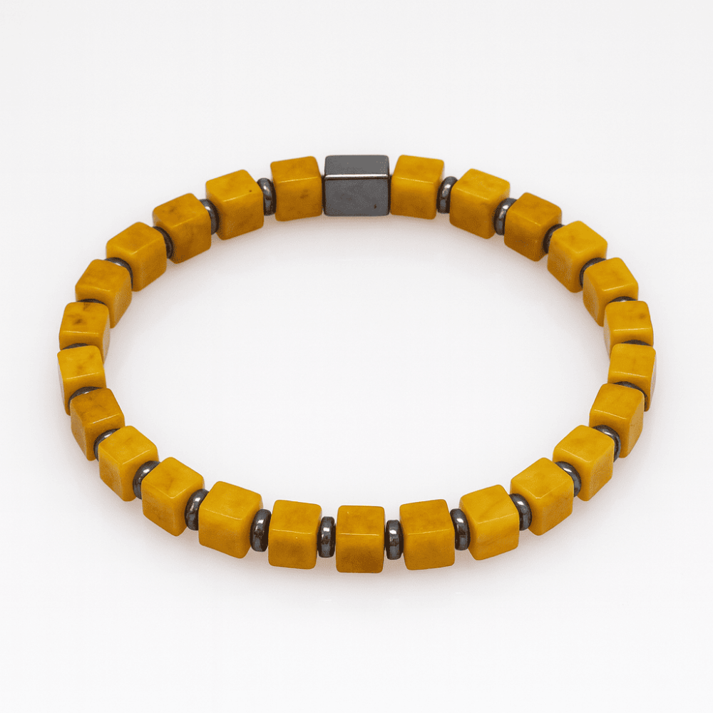 Hematit Doğaltaş Kombinli Küp Kesim Hardal Rengi Doğal Damla Kehribar Erkek Bileklik - 2