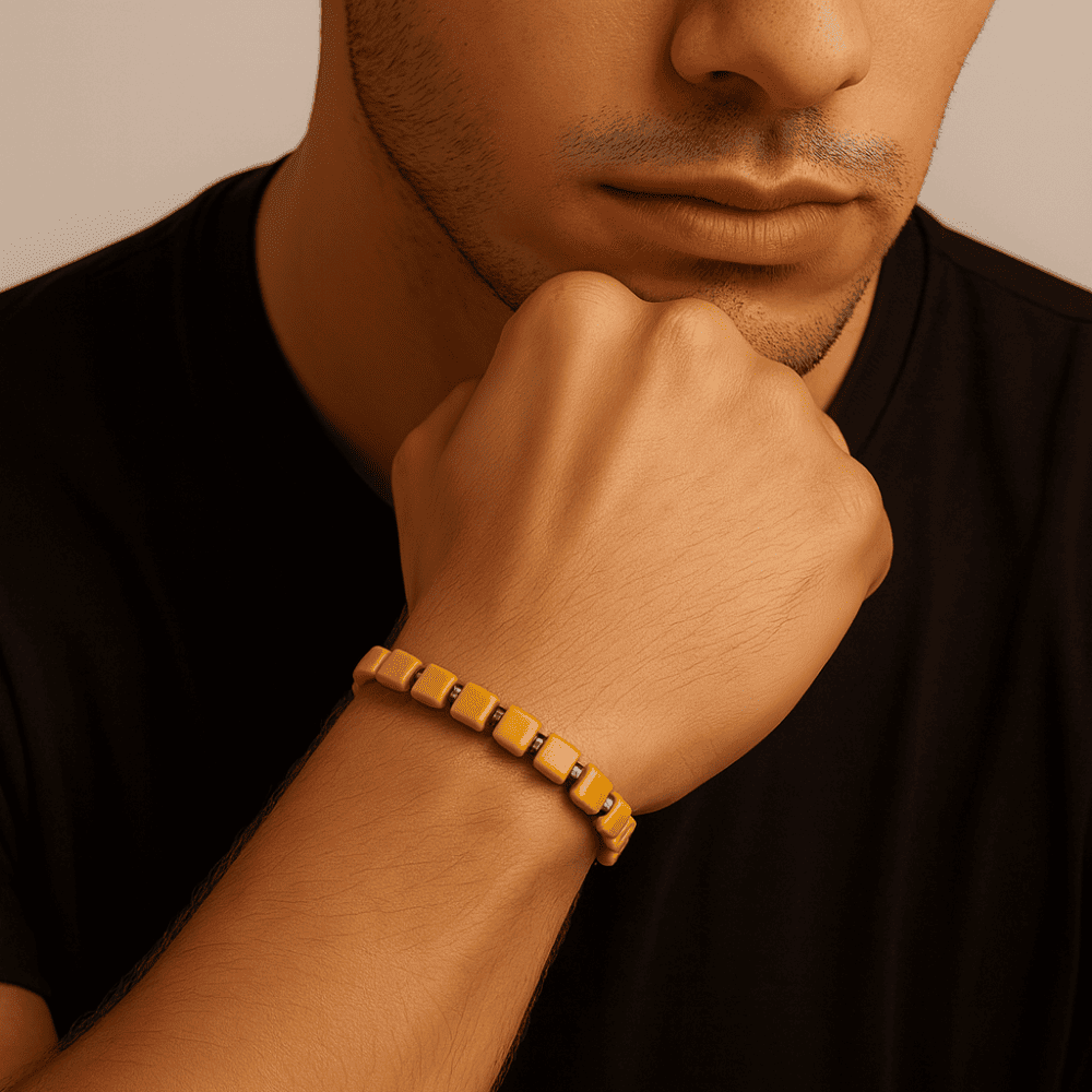 Hematit Doğaltaş Kombinli Küp Kesim Hardal Rengi Doğal Damla Kehribar Erkek Bileklik - 3