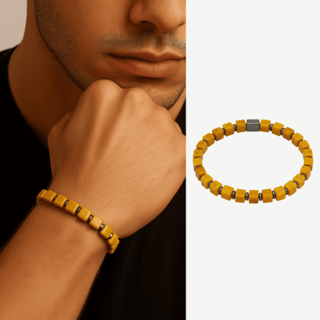 Hematit Doğaltaş Kombinli Küp Kesim Hardal Rengi Doğal Damla Kehribar Erkek Bileklik - Tesbihane