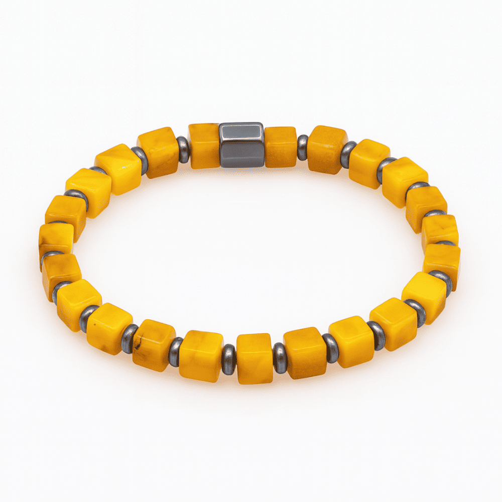 Hematit Doğaltaş Kombinli Küp Kesim Hardal Rengi Doğal Damla Kehribar Kadın Bileklik - 2