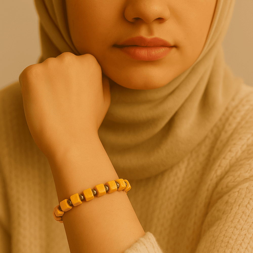 Hematit Doğaltaş Kombinli Küp Kesim Hardal Rengi Doğal Damla Kehribar Kadın Bileklik - 3