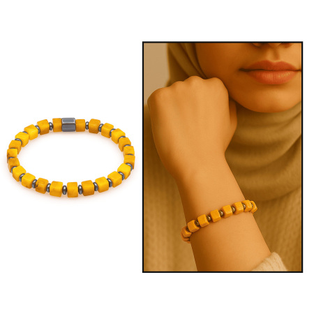 Hematit Doğaltaş Kombinli Küp Kesim Hardal Rengi Doğal Damla Kehribar Kadın Bileklik - Tesbihane