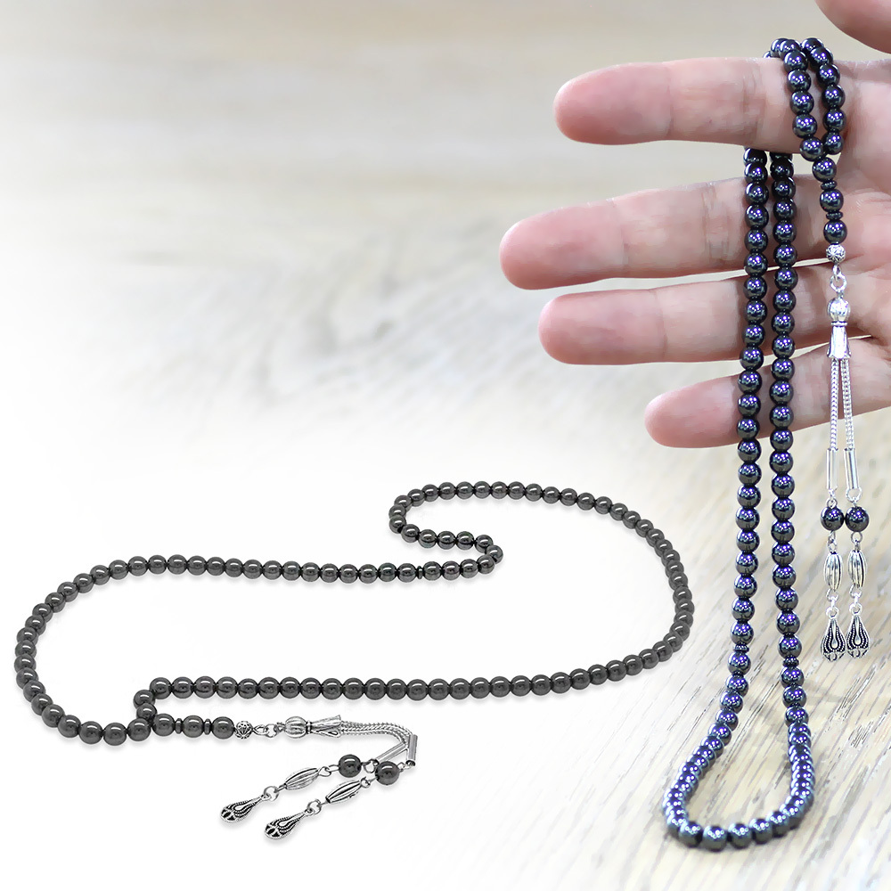 Hematit Doğaltaş Namaz Tesbihi - Kararmaz Metal Damla Püsküllü - Gri Renk - Küre Kesim - 2