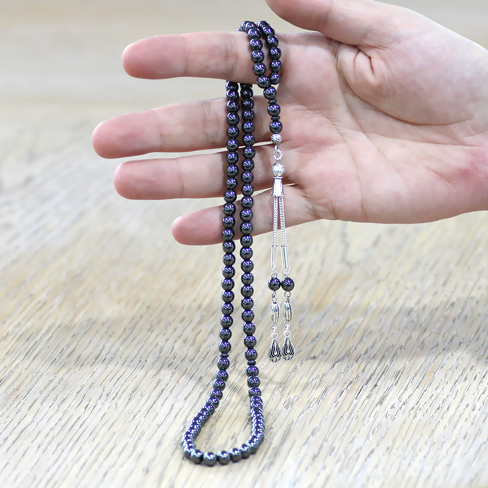 Hematit Doğaltaş Namaz Tesbihi - Kararmaz Metal Damla Püsküllü - Gri Renk - Küre Kesim - 3