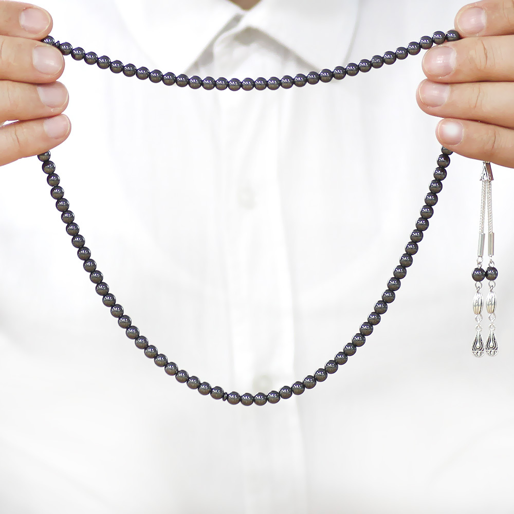 Hematit Doğaltaş Namaz Tesbihi - Kararmaz Metal Damla Püsküllü - Gri Renk - Küre Kesim - 4