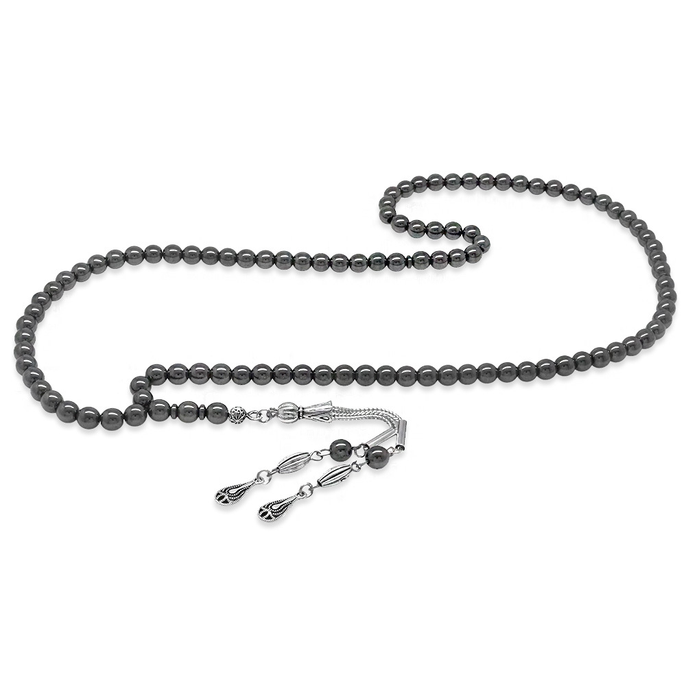 Hematit Doğaltaş Namaz Tesbihi - Kararmaz Metal Damla Püsküllü - Gri Renk - Küre Kesim - 5