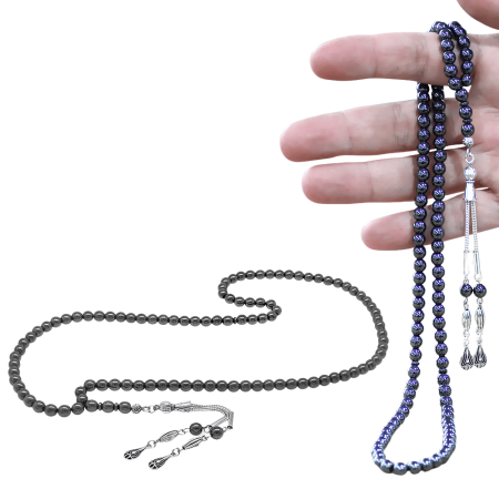 Hematit Doğaltaş Namaz Tesbihi - Kararmaz Metal Damla Püsküllü - Gri Renk - Küre Kesim - Tesbihane