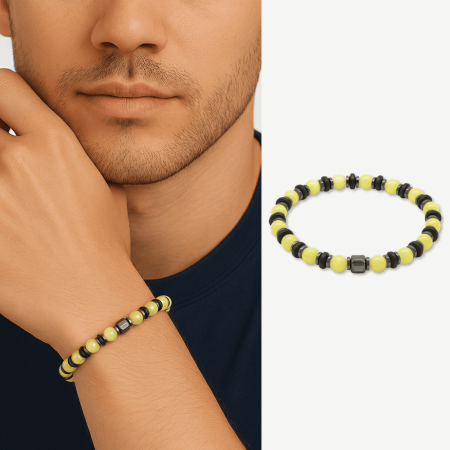 Hematit Doğaltaş Süslemeli Küre Kesim Sarı Beyaz Renk Beyrut Kehribar Erkek Bileklik - Tesbihane