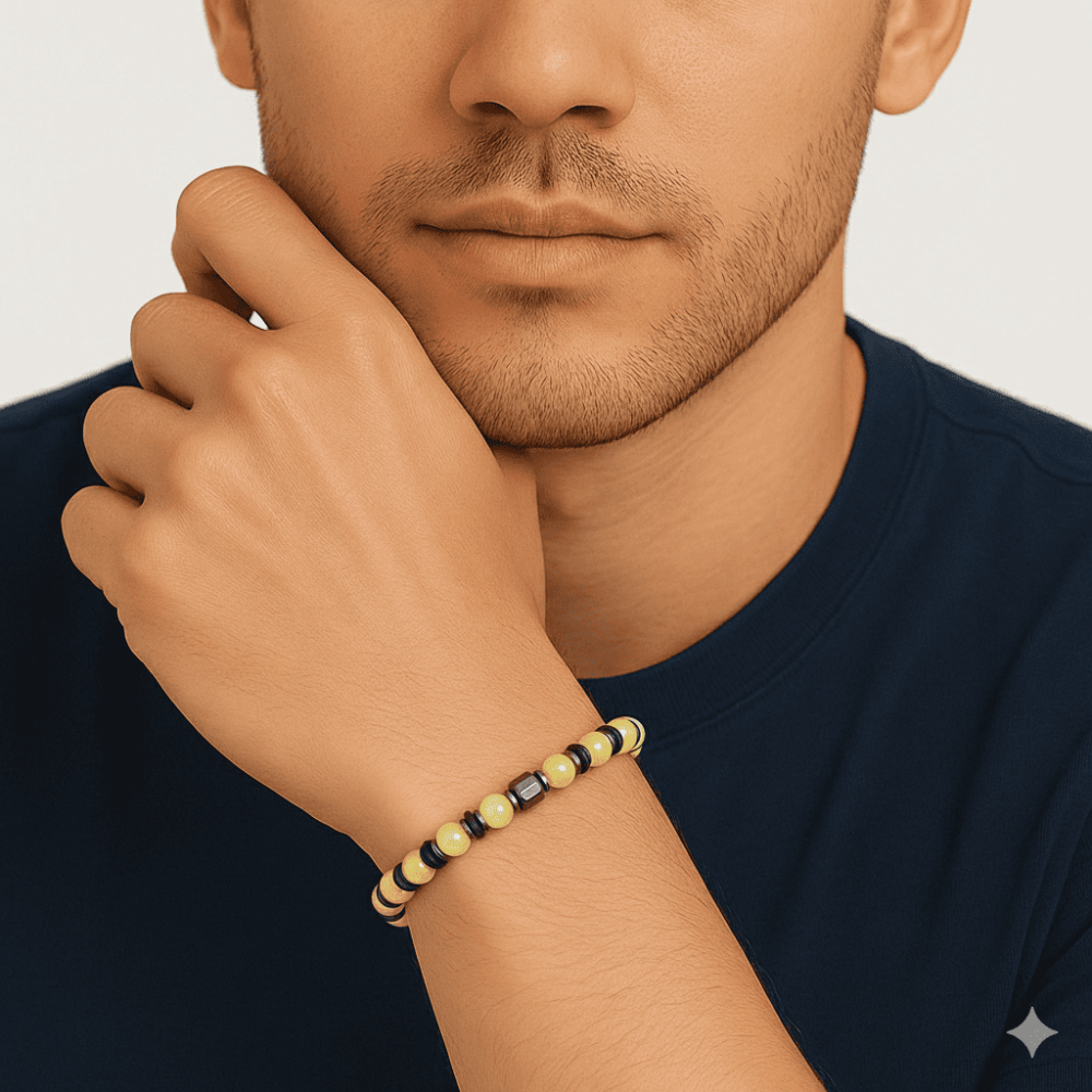 Hematit Doğaltaş Süslemeli Küre Kesim Sarı Beyaz Renk Beyrut Kehribar Erkek Bileklik - 2