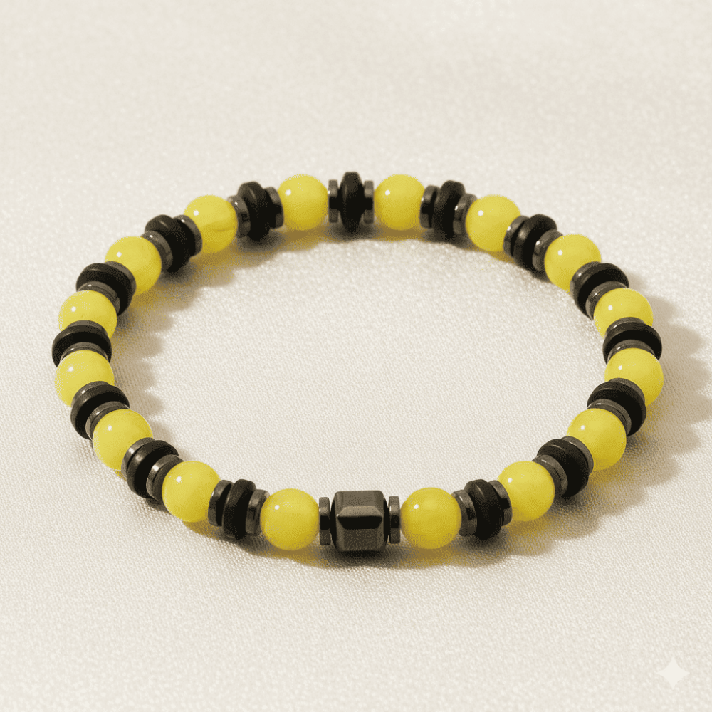 Hematit Doğaltaş Süslemeli Küre Kesim Sarı Beyaz Renk Beyrut Kehribar Erkek Bileklik - 3