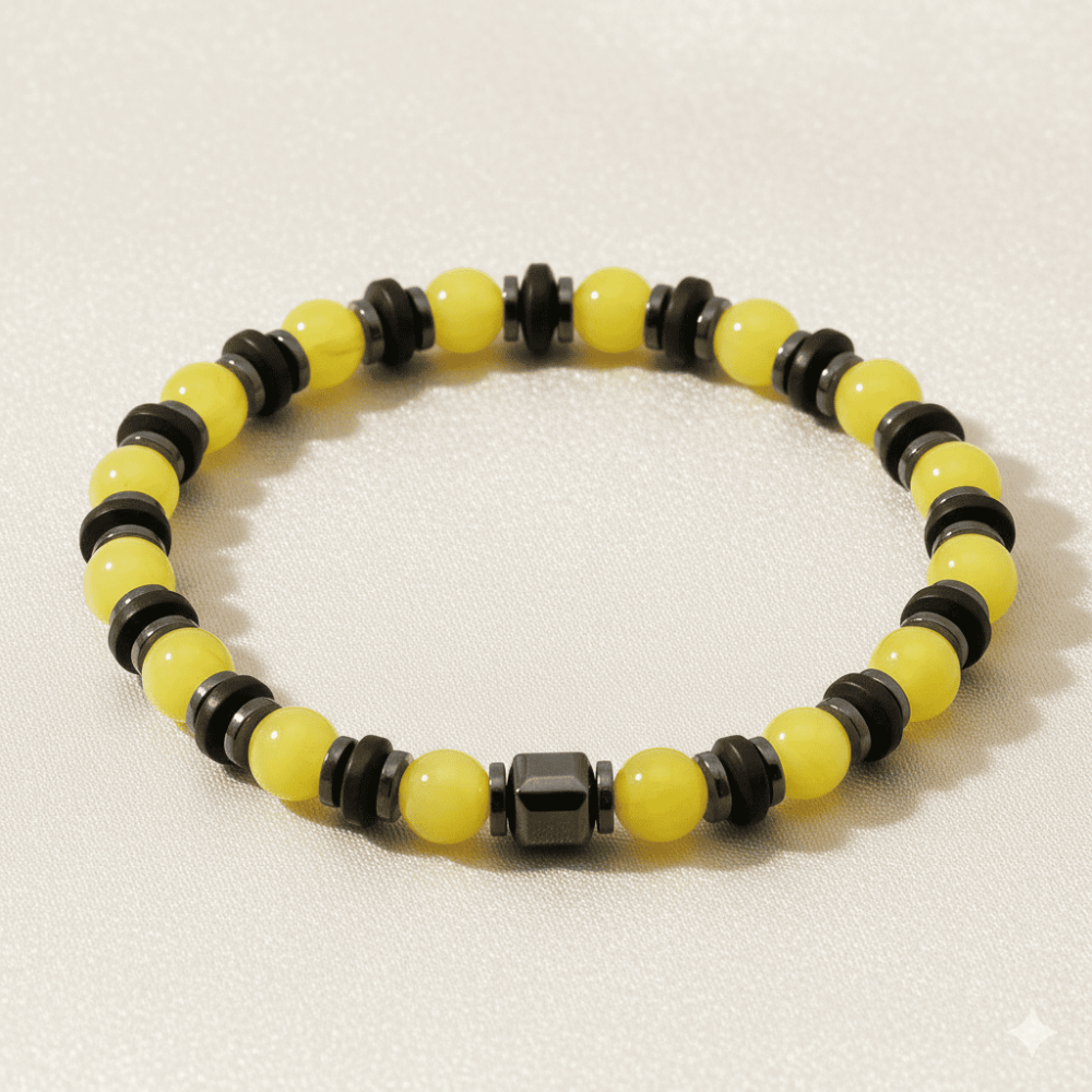 Hematit Doğaltaş Süslemeli Küre Kesim Sarı Beyaz Renk Beyrut Kehribar Kadın Bileklik - 3