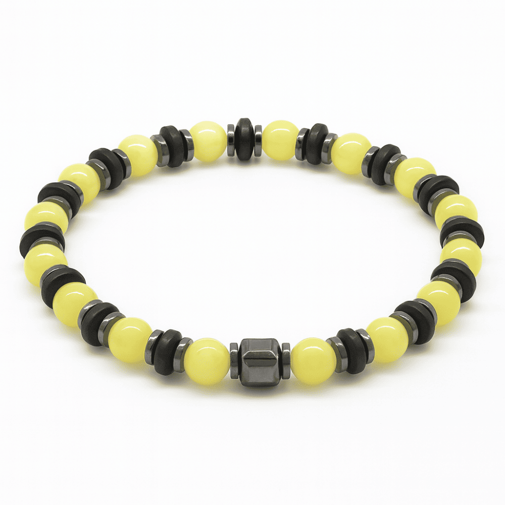 Hematit Doğaltaş Süslemeli Küre Kesim Sarı Beyaz Renk Beyrut Kehribar Kadın Bileklik - 4