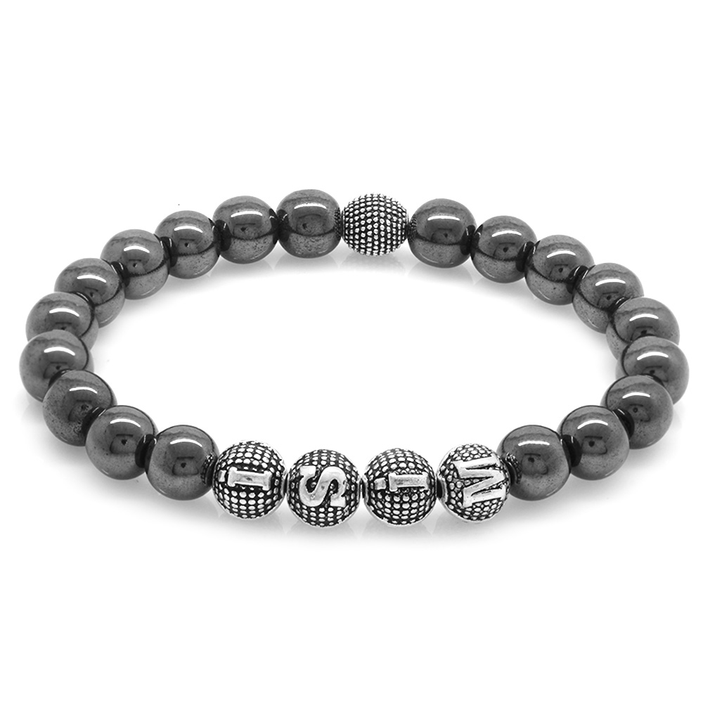Hematit Doğaltaş Bileklik - İsme Özel Yazılı - Metal Kombinli - Küre Kesim - 3
