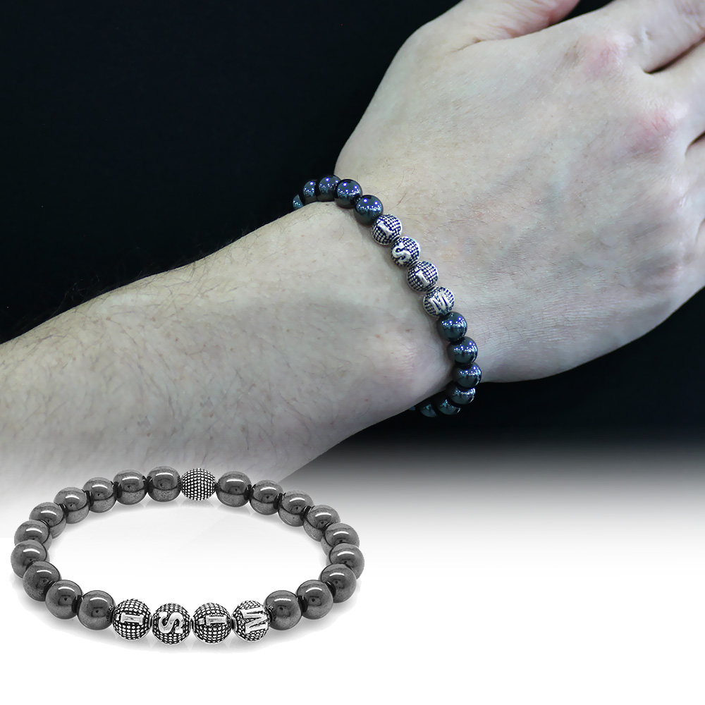 Hematit Doğaltaş Bileklik - İsme Özel Yazılı - Metal Kombinli - Küre Kesim - 1