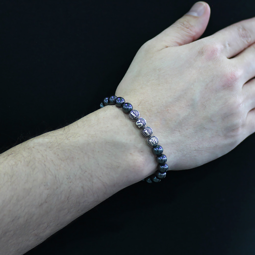 Hematit Doğaltaş Bileklik - İsme Özel Yazılı - Metal Kombinli - Küre Kesim - 2