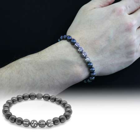 Hematit Doğaltaş Bileklik - İsme Özel Yazılı - Metal Kombinli - Küre Kesim - Tesbihane