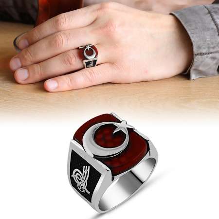 Tuğra İşlemeli Ayyıldız Motifli Akik Taşlı 925 Ayar Gümüş Hilal Yüzüğü - Tesbihane