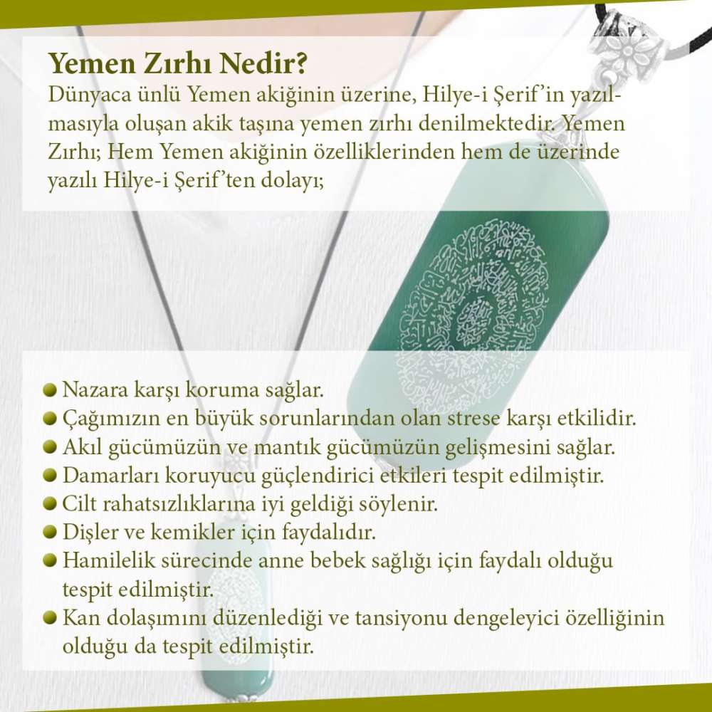 Hilye-i Şerif Yazılı (Yemen Zırhı) Haki Yemen Akik Taşı Erkek Kolye - 7