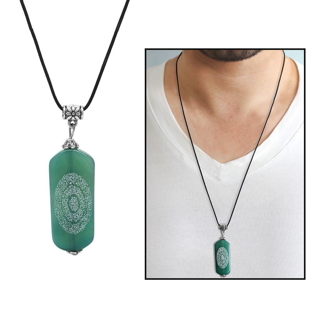 Hilyei Şerif Yazılı Haki Yemen Akik Taşı Erkek Kolye - Yemen Zırhı - 1