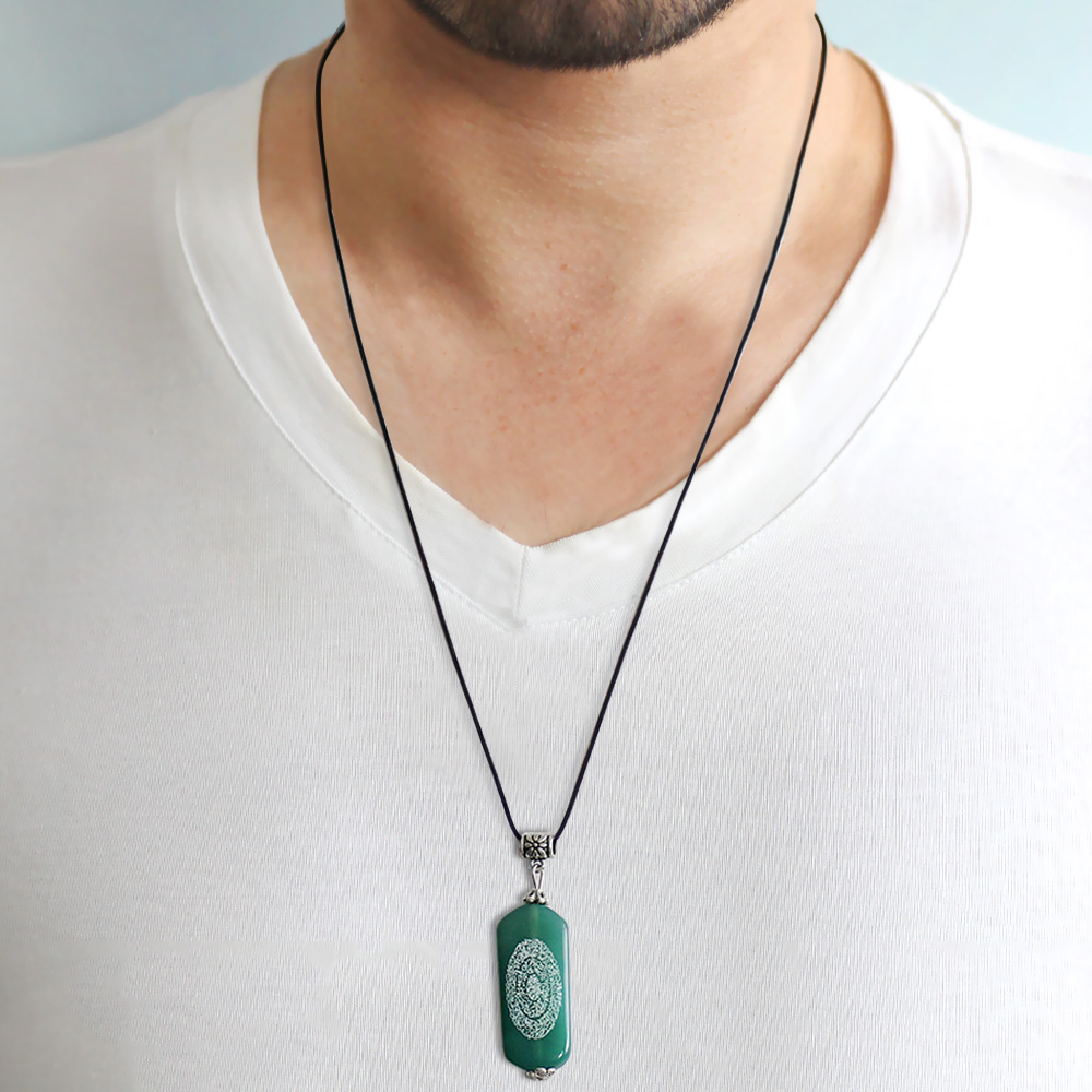 Hilyei Şerif Yazılı Haki Yemen Akik Taşı Erkek Kolye - Yemen Zırhı - 2