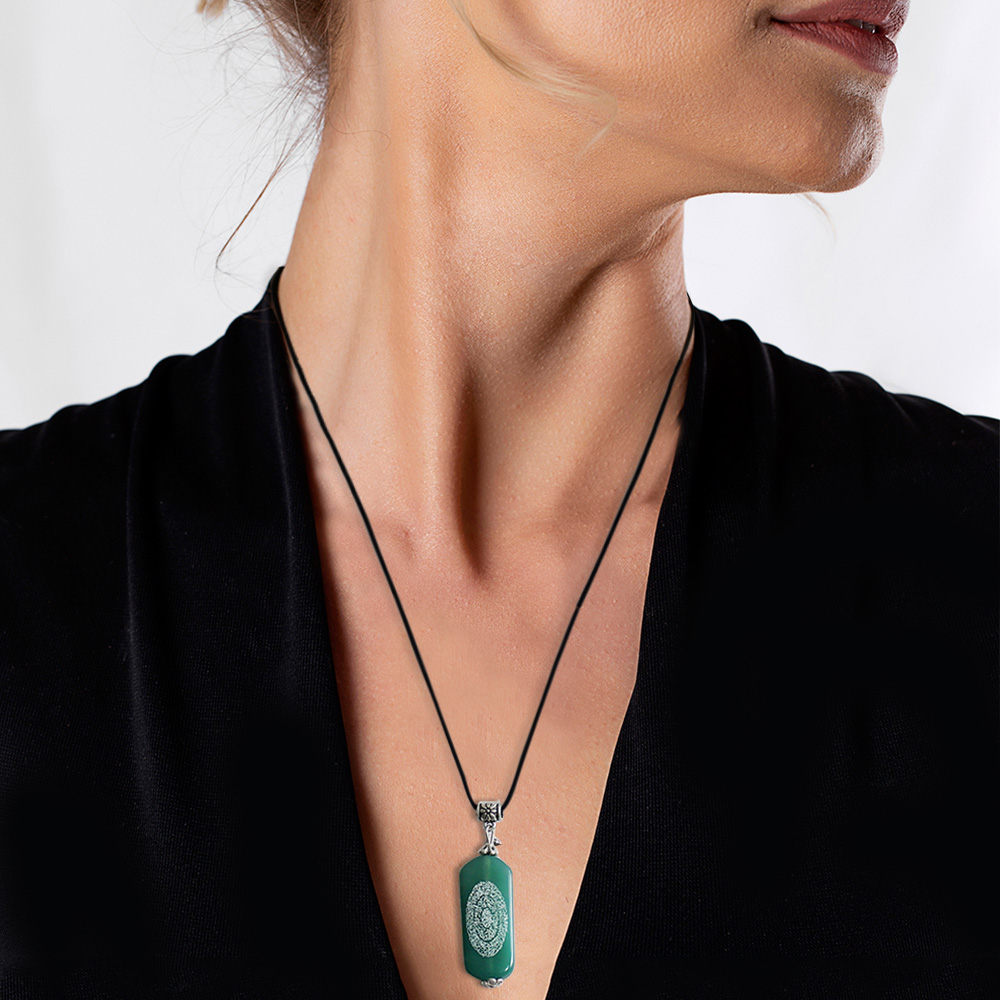 Hilyei Şerif Yazılı Haki Yemen Akik Taşı Kadın Kolye - Yemen Zırhı - 2