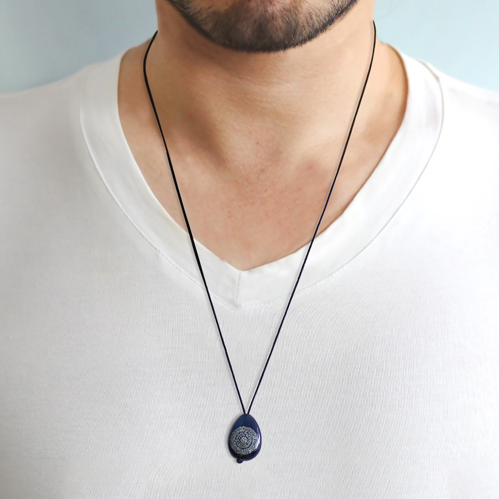 Hilyei Şerif Yazılı Lacivert Yemen Akik Taşı Erkek Kolye - Yemen Zırhı - 2