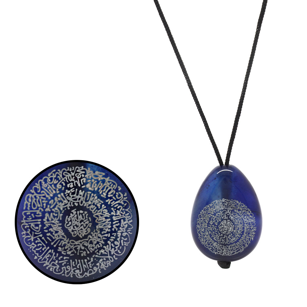 Hilyei Şerif Yazılı Lacivert Yemen Akik Taşı Kadın Kolye - Yemen Zırhı - 3