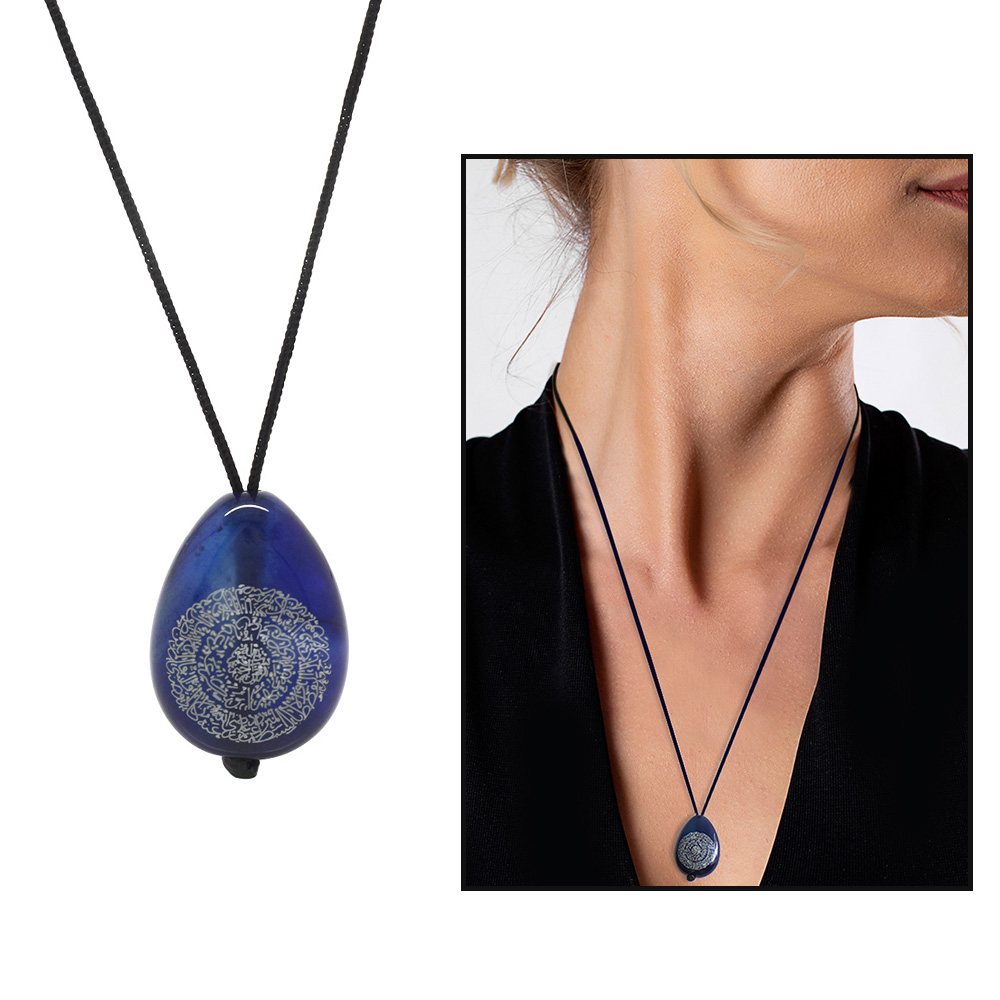 Hilyei Şerif Yazılı Lacivert Yemen Akik Taşı Kadın Kolye - Yemen Zırhı - 1